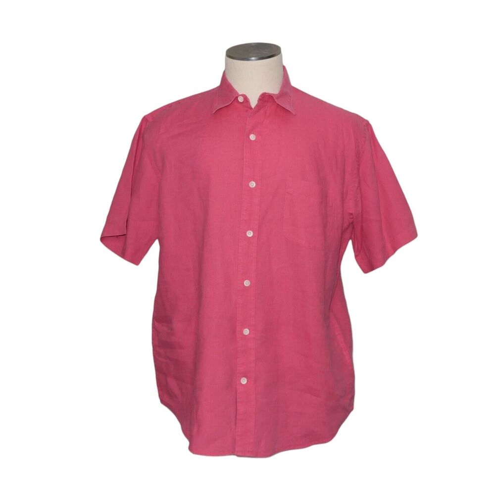 Land's End Sz L Men's Shirt 16 - 16.5 Traditional Fit 100% Linen Pink Beach EUC